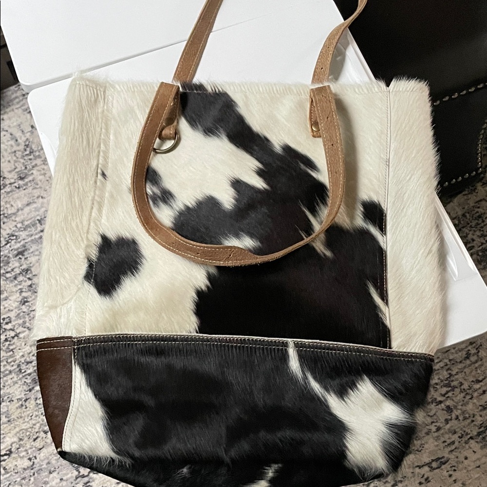 Myra Bag Black & White Cowhide Tote with Brown Leather Straps